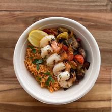 Load image into Gallery viewer, ADULT LUNCH - Grilled Shrimp over Spanish Rice and Roasted Vegetables Bowl
