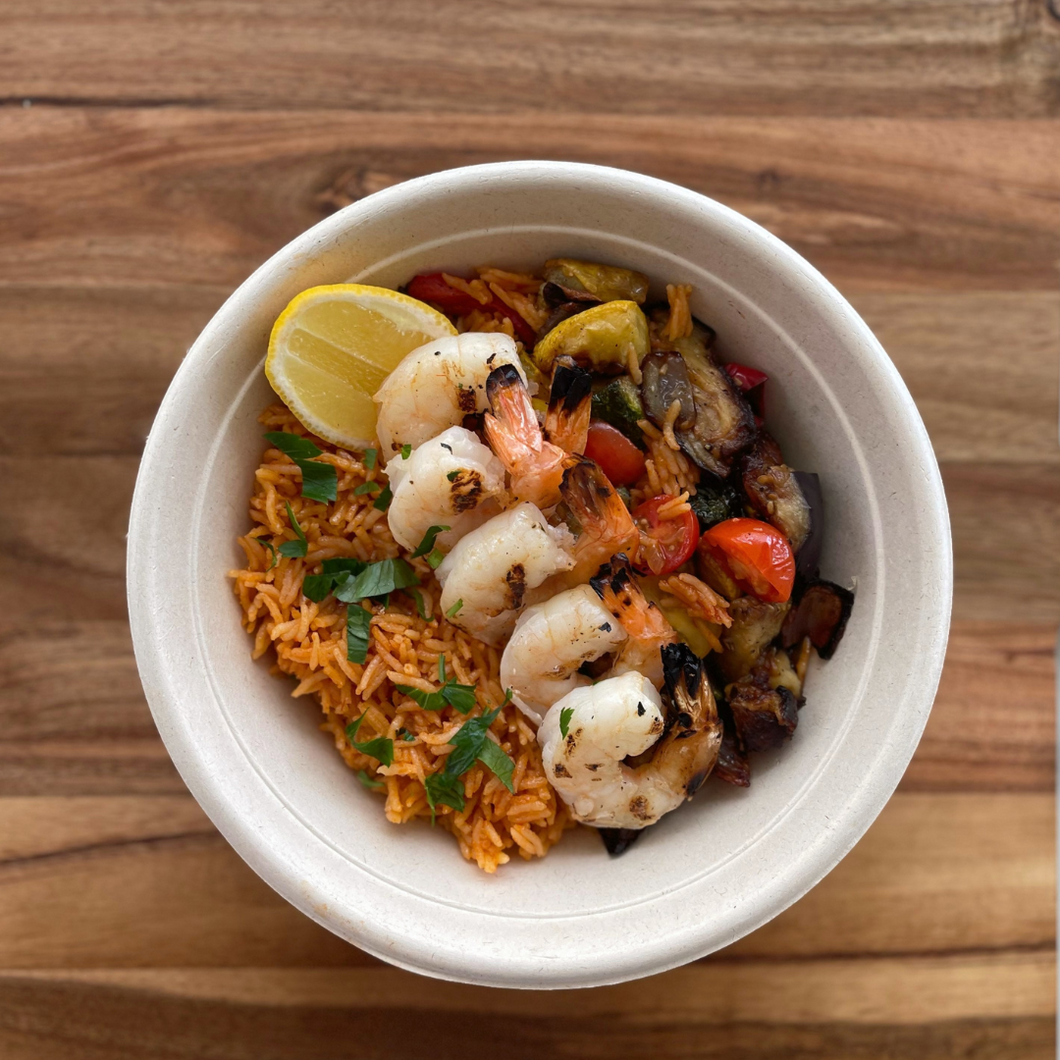 ADULT LUNCH - Grilled Shrimp over Spanish Rice and Roasted Vegetables Bowl