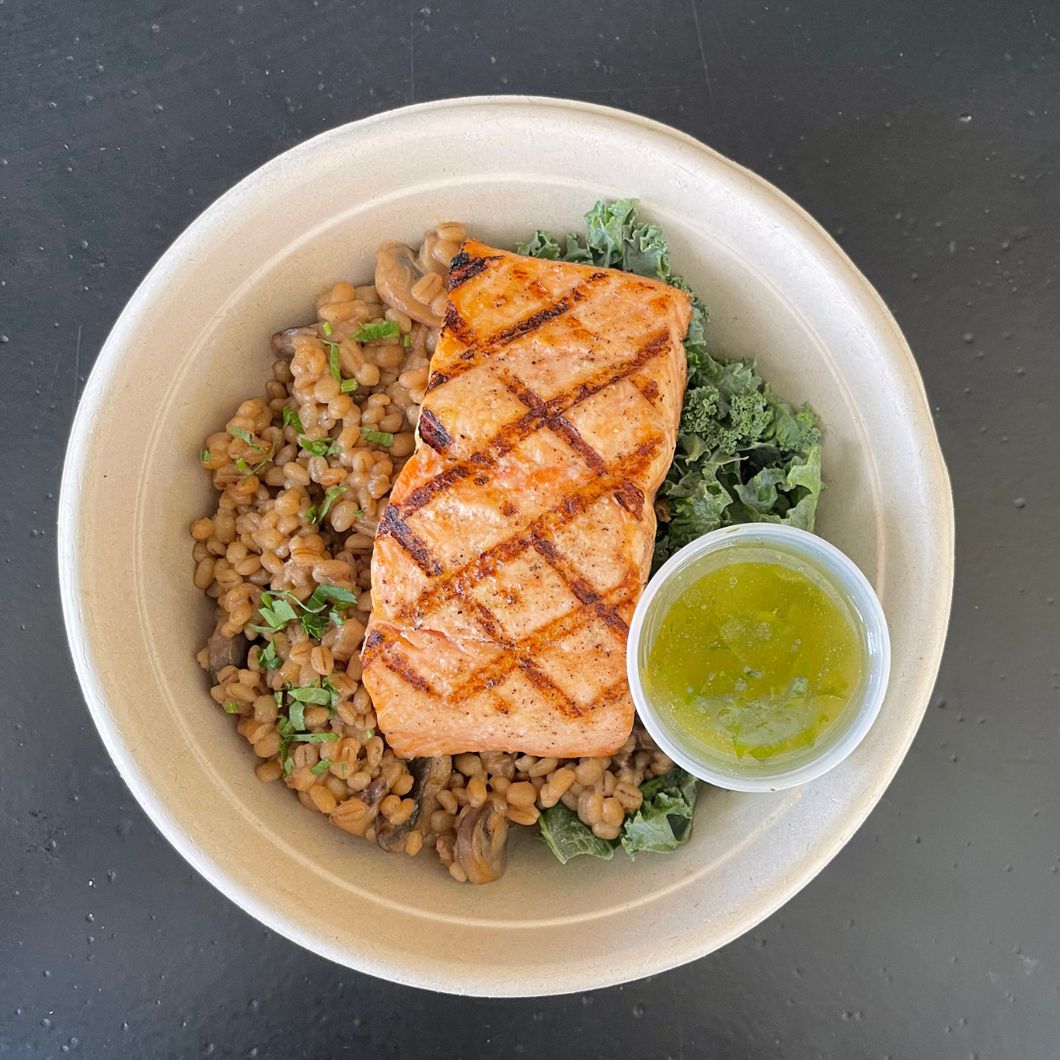 ADULT LUNCH -  Grilled Salmon Bowl with Mushroom Barley and Kale