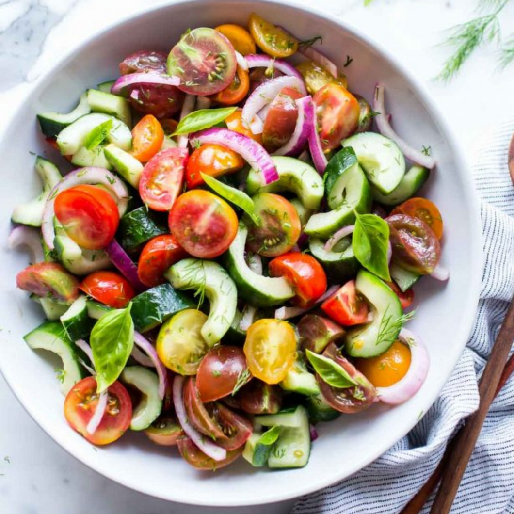 Tomato Cucumber, and Red Onion Salad with Red Wine Vinaigrette (GF, DF,V)