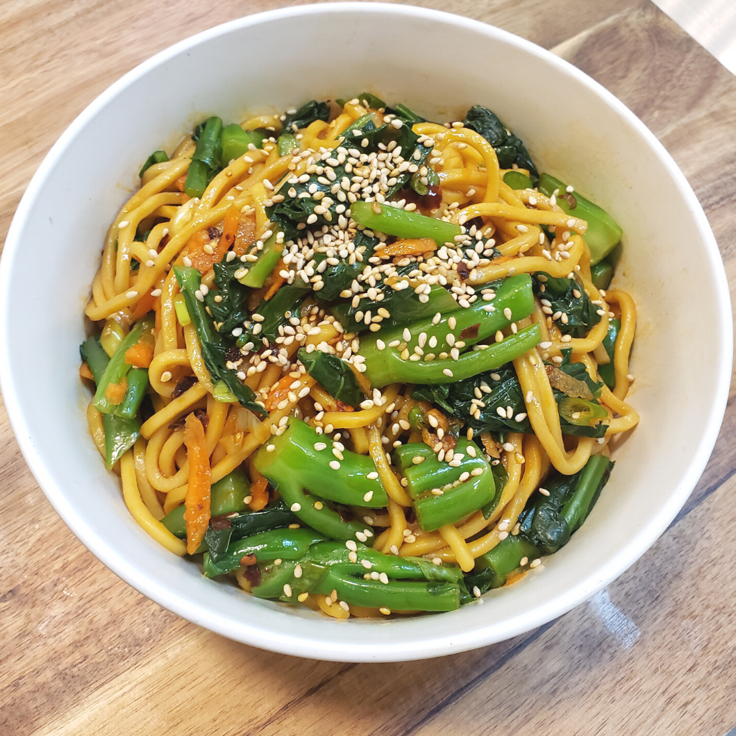 Fresh Lo Mein with Sesame, Asian Greens & Chili Crunch (DF, Veg)
