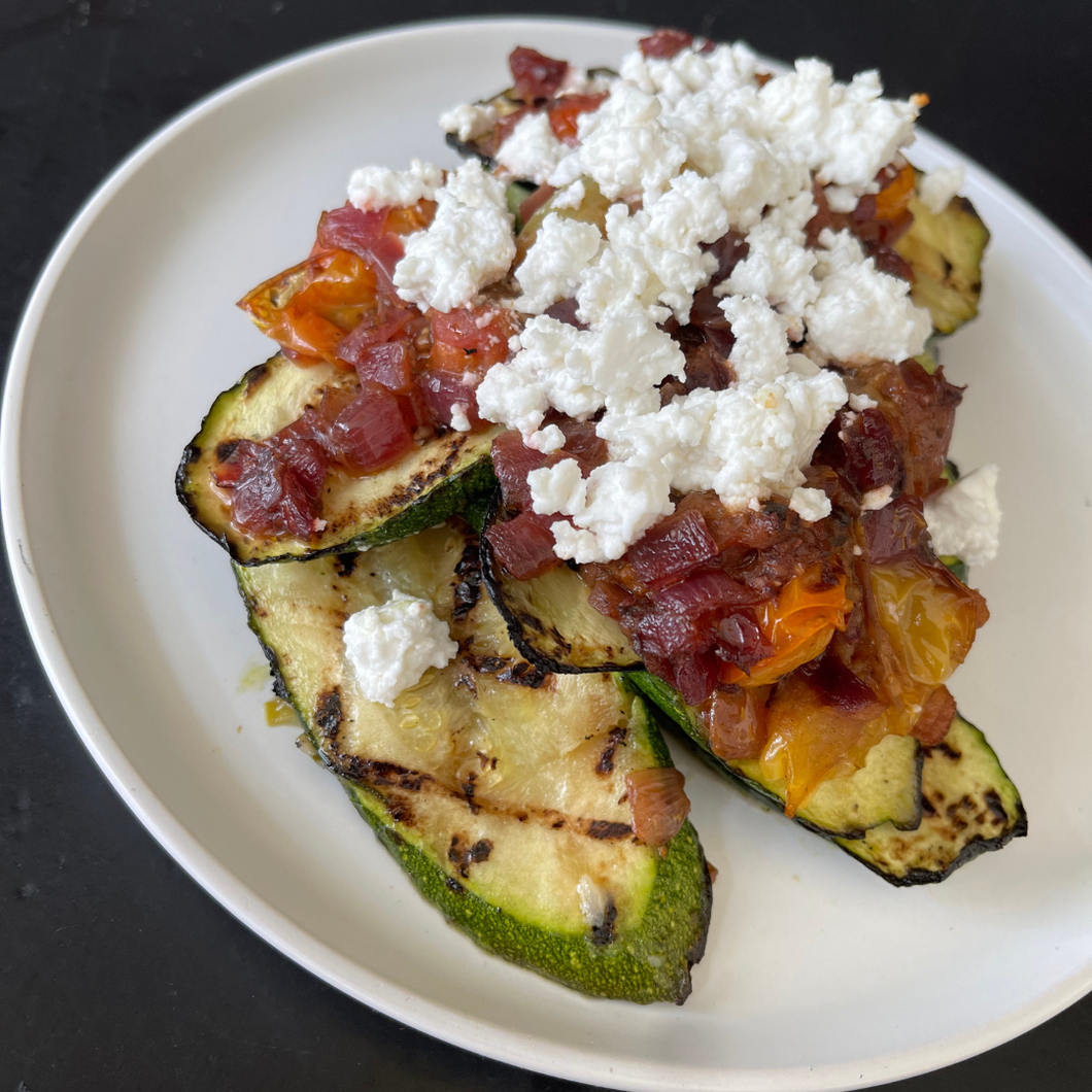 Grilled Zucchini with Red Onions, Blistered Tomatoes and Feta Cheese (V)