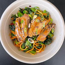 Load image into Gallery viewer, ADULT LUNCH - Miso Glazed Chicken Thighs over Lo Mein Noodles with Asian Greens Sesame and Chili Crisp Bowl
