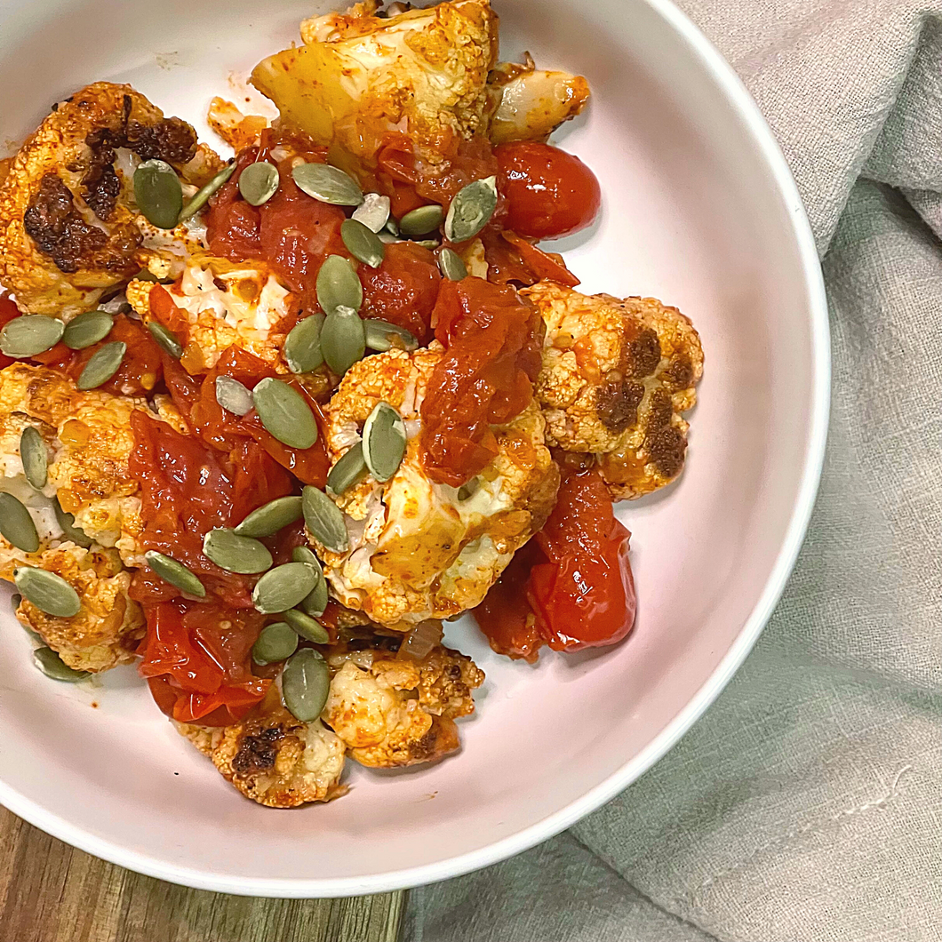 Roasted Cauliflower & Blistered tomatoes with smoked paprika and pumpkin Seeds (GF, V)