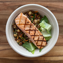 Load image into Gallery viewer, ADULT LUNCH - Grilled Salmon Bowl with Chickpea Quinoa Salad over Romaine
